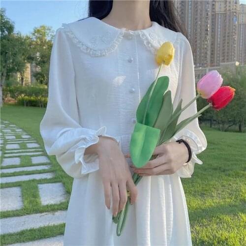Japanese spring and autumn dress ladies fresh pure color doll collar puff sleeve waist mid-length dress ladies 2021