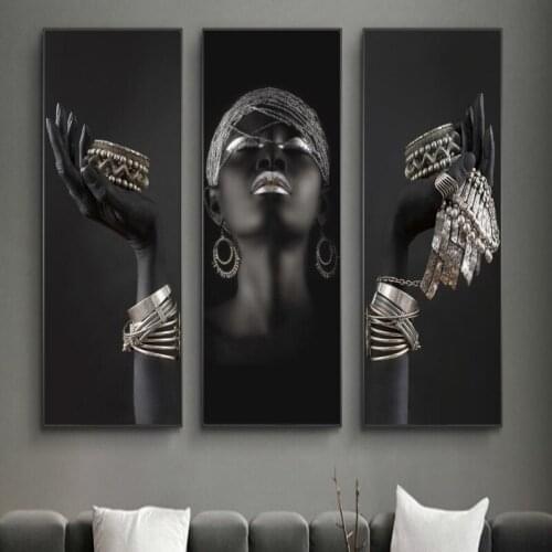 African Black Woman with Silver jewelry on the Hands Canvas Painting Posters And Print Wall Art Pictures Cuadros Home Room Decor