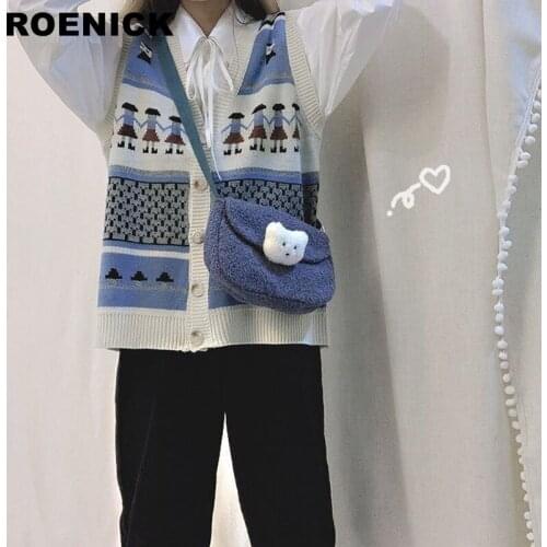 ROENICK Sweaters Vests Women Patchwork Single-breasted V-neck Sweater Vest Womens British Preppy-style Sleeveless All-match Chic
