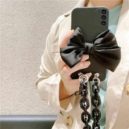 Luxury Silk Black Bow Phone Case For Samsung Galaxy S20 S21 Plus Ultra Note8 Plain color Wrist Chain Shockproof Silicone Cover