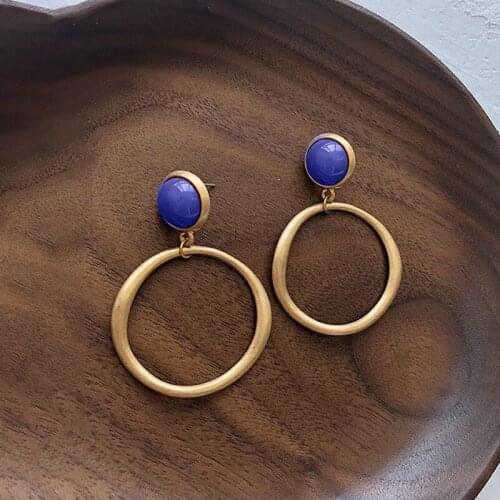 Independent design ancient gold inlaid lapis lazuli earrings temperament simple and personalized ladies silver jewelry
