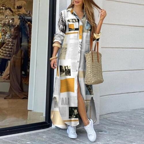 Vintage Printed Maxi Dress Women 2021 Autumn Holiday Beach Long Dresses Femme Robe Elegant Lady Shirt Dresses Fashion Vestidos