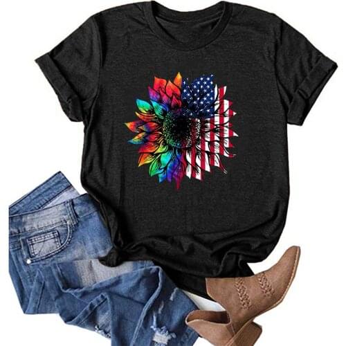 2021 Women T Shirt Casual Colorful Sunflower Printing Shirts Short Sleeve Loose Tee Tops Tunic Stretched Tshirt Summer Tops New