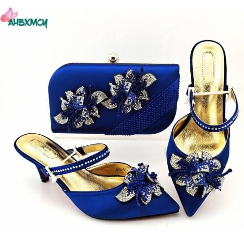 Royal Blue Color New Design Elegant Style Women Shoes Matching Bag Thin Heels Comfortable Pumps for Wedding Party
