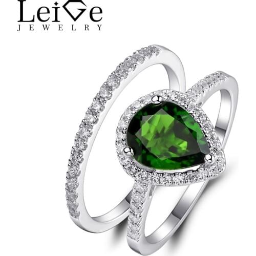 Leige Jewelry Natural Chrome Diopside Wedding Ring Set for Women Green Gemstone Sterling Silver 925 Rings Fine Jewelry