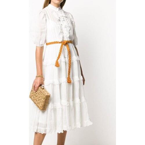 New Arrival Women Whote Solid Dress Fashion Short Sleeve Cascading Ruffle Dresses D4199