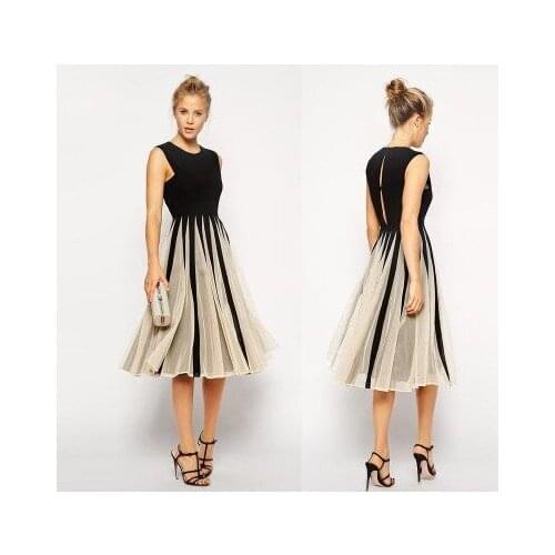 Fashion slim waist women dress Casual Net yarn stitching summer dress evening party vintage Long Dress Sexy high Waist dress