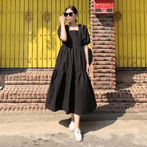 FairyNatural Korean Ladies Puff Sleeve Loose Dress 2021 Summer New Women Black Pink Casual Dresses Square Collar