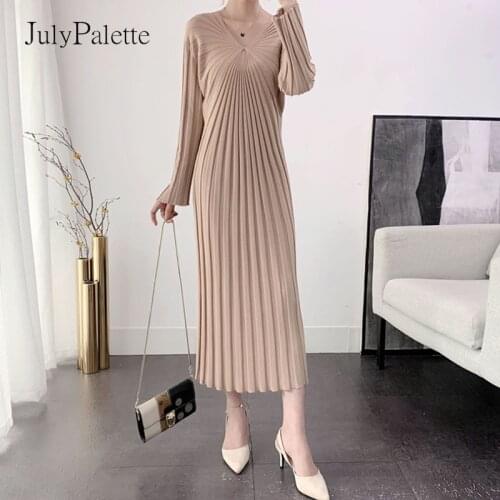 JulyPalette Knitting Long Dress Women 2021 Autumn Winter Stretch V-neck Sweater Dress Elegant Ladies Full Sleeve Knitted Dress