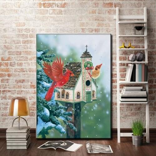 Cartoon animal red bird house Christmas snow scenery oil painting canvas prints printed on canvas wall art decoration pictures