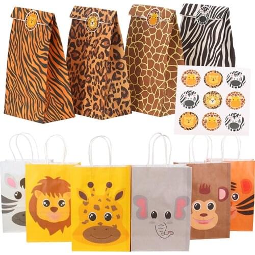 12pcs Jungle Party Decoration Animal Foot Printed Gift Box Kraft Paper Candy Gift Bags Safari birthday Decor Party baby shower
