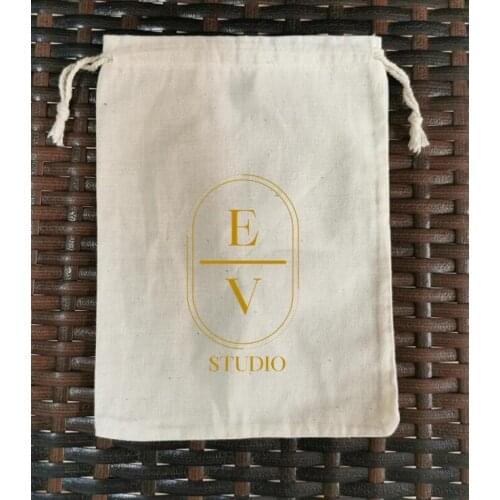 Customised Logo 200PCS 15x20cm 13g Natural Cotton Bags Drawstring Pouches Hot Printing With Gold Logo