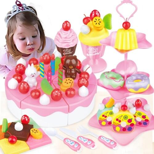 39-80 Pcs DIY Pretend Play Cut Fruit Cake Birthday Food Kitchen Toy Pink Blue Girls Gift for Children