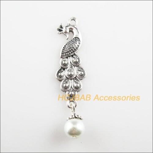8Pcs Tibetan Silver Animal Peacock White Glass Beads Charms Pendants 12.5x50mm