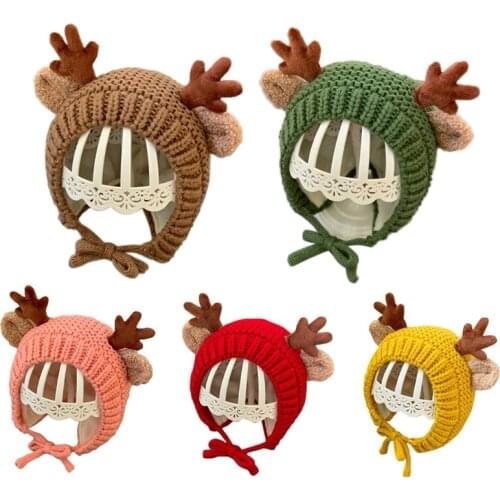Infant Baby Winter Knit Beanie Hat Cute Christmas Reindeer Antlers Toddler Windproof Earflap Cap Warmer with Chin Strap
