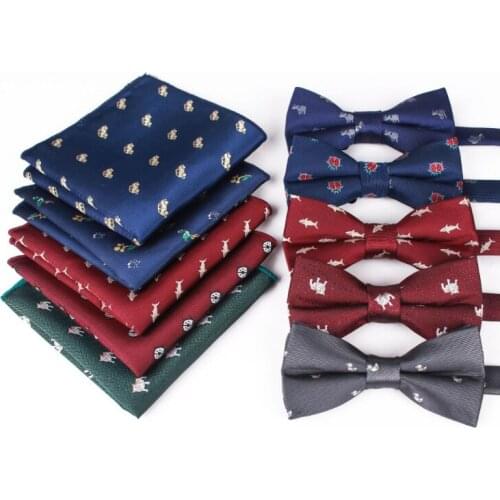 GUSLESON Fashion Green Red Blue Self Bow Tie And Handkerchief Set for Men Bow Cartoon Tie Set For Wedding Business Gift