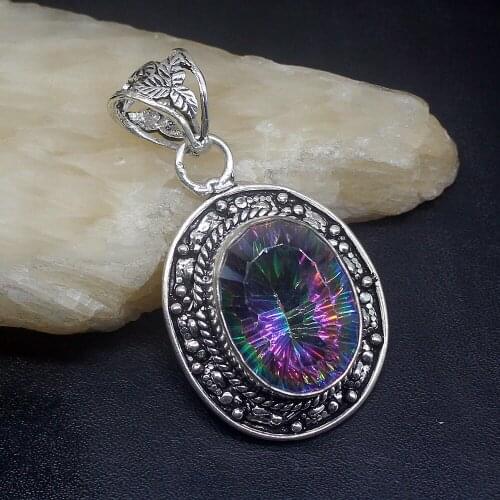 Gemstonefactory Jewelry Big Promotion 925 Silver Solitaire Vintage Rainbow Fire Topaz Women Ladies Gifts Necklace Pendant 0783