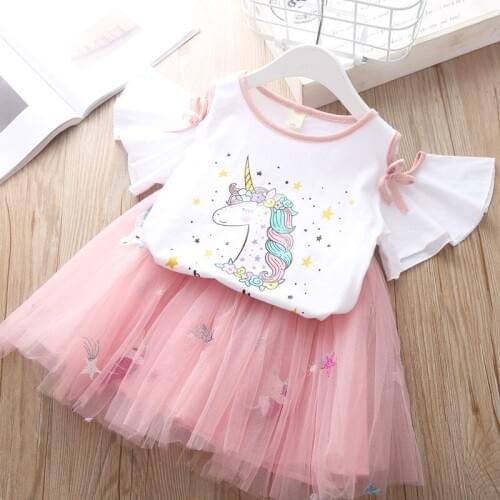 Summer Childrens Clothing Sets Girls Embroidered Cartoon Unicorn T-shirt And Rainbow Skirt Suit Kids Short Sleeve Clothes Sets