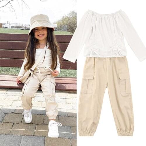 1-6Y Fashion Autumn Kids Girls Clothes Sets 2pcs Solid Off Shoulder Long Sleeve T Shirts+Cargo Pants