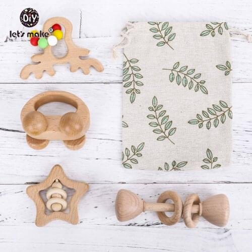 LetS Make 4pcs Baby Toys Elk Car Wooden Rattle Teether Beech Wooden Toys Set Teether Silicone Beads Baby Crib Rattle Kit