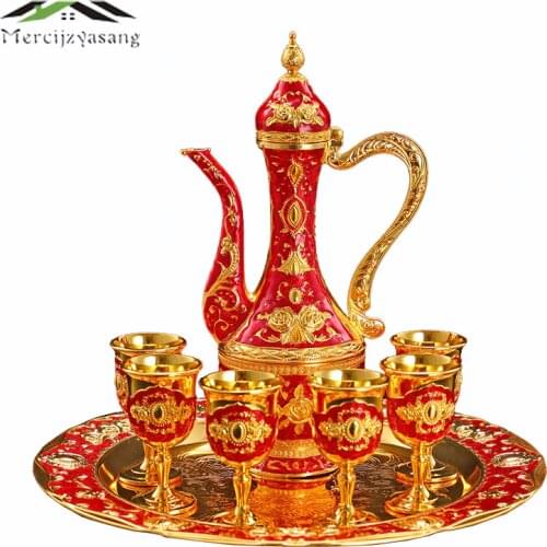 New gloss gold plated metal coffee tea sets drinkware wine set for wedding or party zinc alloy 1 set= 1 plate + 1 pot + 6 cups
