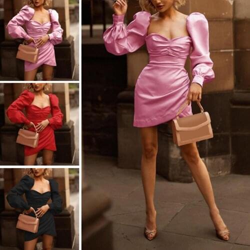 Summer Dress Sexy Party Club V-neck Long Sleeve Women Spring Long Pleated Puff Sleeve Low-cut High Waist Slim Party Mini Dress