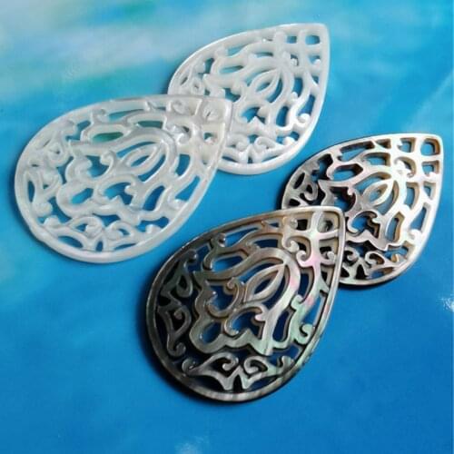 2pcs Natural Black Shell Water Drop Pendant Charms DIY Flower Hand of Fatima Carved Necklace Earring Jewelry Making accessories