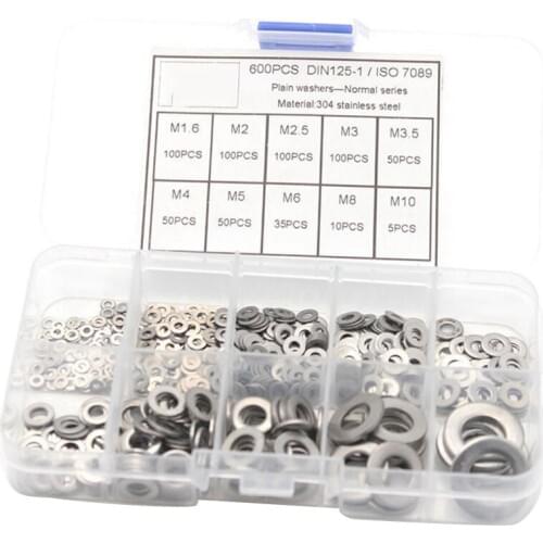 Promotion! 600Pcs/Set M1.6 M2 M2.5 M3 M3.5 M4 M5 M6 M8 M10 Stainless Steel Flat Washer Plain Washer Gaskets Assortment Kit