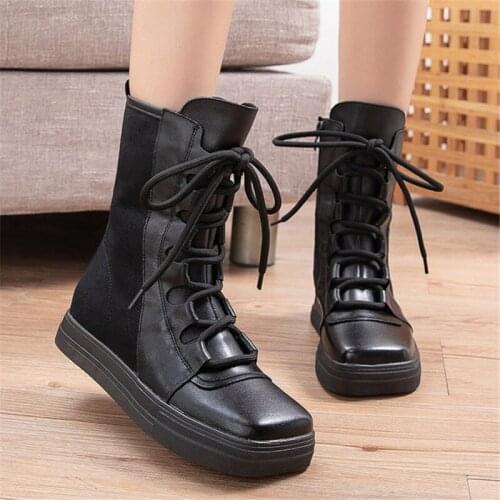Genuine Leather Linen Womens Boots Autumn Winter New Retro Casual Fashion Feminina Boot Comfortable Breathable Female Mid Boots