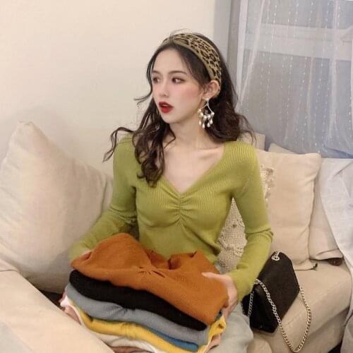 Sexy V Neck Long Sleeve Knitted Sweaters Autumn Women Slim Pullover Sweater Tops WDC5513