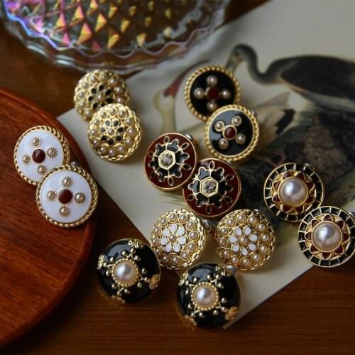 2020 New S925 Fashion Vintage Button Enamel Pearl Glitter Rhinestones Round Stud Earrings for Women Girls Travel Jewelry