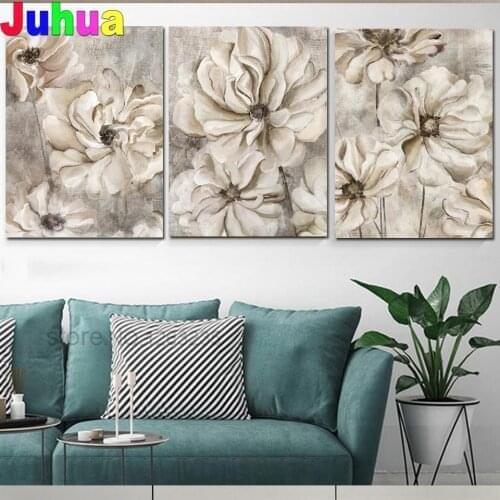 Triptych Diamond Mosaic Brown Flower ,5D,Diamond Painting Full Square Round Buddha Statue Botanical Flower Wall Art Embroidery