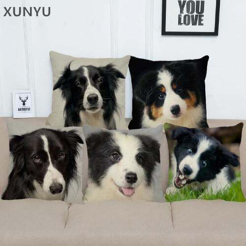 XUNYU Cute Border Collie Linen Cushion Cover Animal Pattern Decorative Pillowcase Home Sofa Square Pillow Cover 45x45cm BZ196
