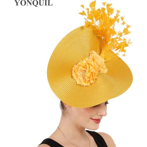 Yellow Derby Tea Feather Big Fascinator Fedora Hats Bride Wedding Headwear Gorgeous Headpiece With Nice Flower Hair Accessories