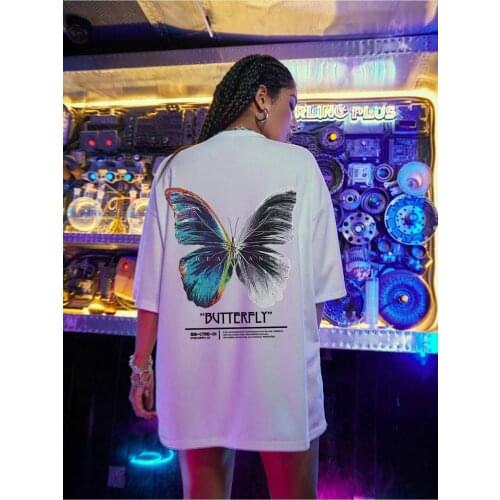 Womens T-Shirt Butterfly Oversize Pattern Summer Blouse White T-Shirt