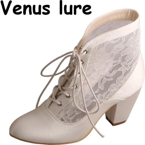 Venus lure Bridal Shoes Boots for Women Block Heel Ribbon Tie Lace Boot