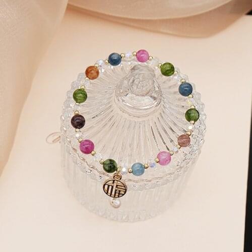 Chinese Character Pendant 6mm Multicolor Crystal Natural Freshwater Pearl Handmade Beaded Bracelets Women Fashion Jewelry YBR515