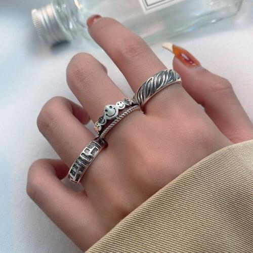 Morivovog 925 Sterling Silver Vintage Texture Smile Rings for Women Do The Old Hiphop Korea Rings Ladies 925 Minimalist Jewelry