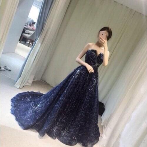 2019 new arrival elegant navy blue long party dress evening prom dresses Vestido de Festa strapless sequin style dress