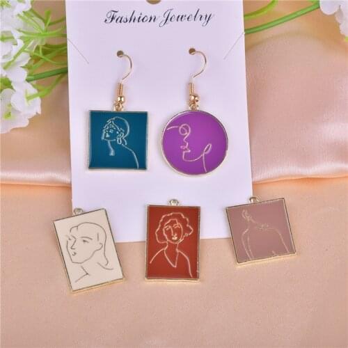 10pcs Ins style lady Abstract art painting Enamel Metal Charms Earring Bracelet DIY Jewelry Making