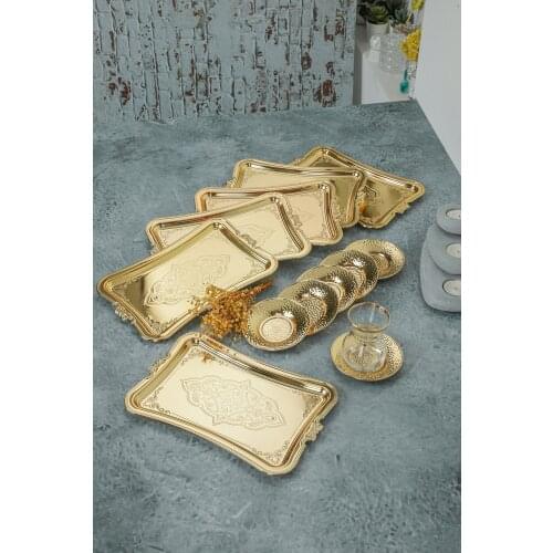 6 Single Coffee Ductile Metal Groom Promise Tray And 6 Pcs Gold Tea Plate