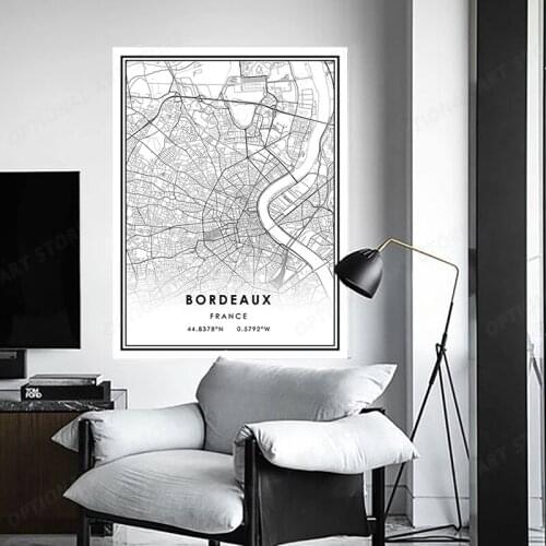 Black And White World City Map BORDEAUX Wall Art Canvas Poster Prints Nordic Style Paintings Picture For Living Room
