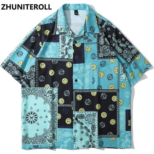 Fashion Summer Paisley Print Hawaiian Beach Shirts Smile Face Hip Hop Short Sleeve Button Up Streetwear Trends Shirt Mens Tops