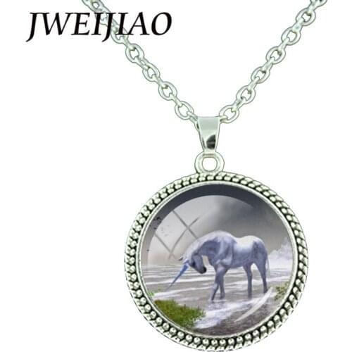 JWEIJIAO Unicorn Art Picture Necklace Glass Cabochon White Horse Pendant Animal Sweater Chain Necklace Jewelry UN43