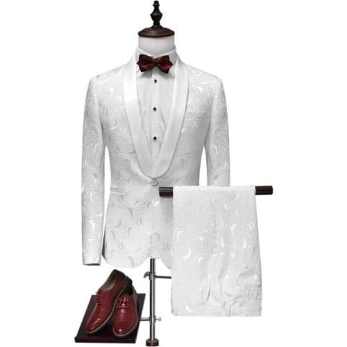 Mens Two-Piece Floral Printed Suit Slim Elegant Single Breasted Lapel Wedding Blazer Pants Sets