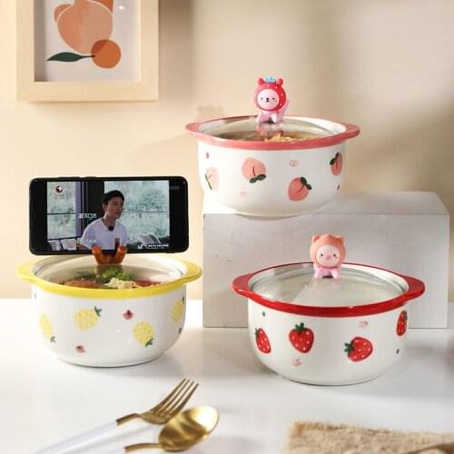 Girly Heart Cute Instant Noodle Bowl with Lid Ceramic Binaural Large-capacity Soup Bowl Nice Eating Bowls Korean Tableware