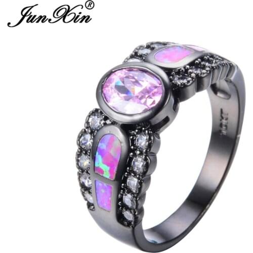 JUNXIN Cute Female Pink Ring Fashion Fire Opal Rings Black Gold Promise Engagement Rings For Women Girlfriend Gifts Bague