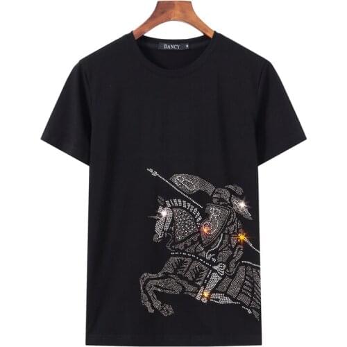 Big Size Rhinestone Roman Knights T Shirt Cotton Oversized Shinning Fashion T-Shirt Top Tee High Quality Black Clothes 5XL