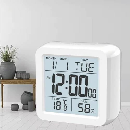 Table Alarm Clock Digital With Large Digits Calendar Snooze Indoor Room Temperature Humidity for Home Bedroom Office Cube