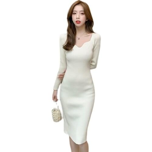 2021 New Fairy V Collar Pullover Slim Body Show Thin Solid Color Sweater Knitting Long Sleeve Dress